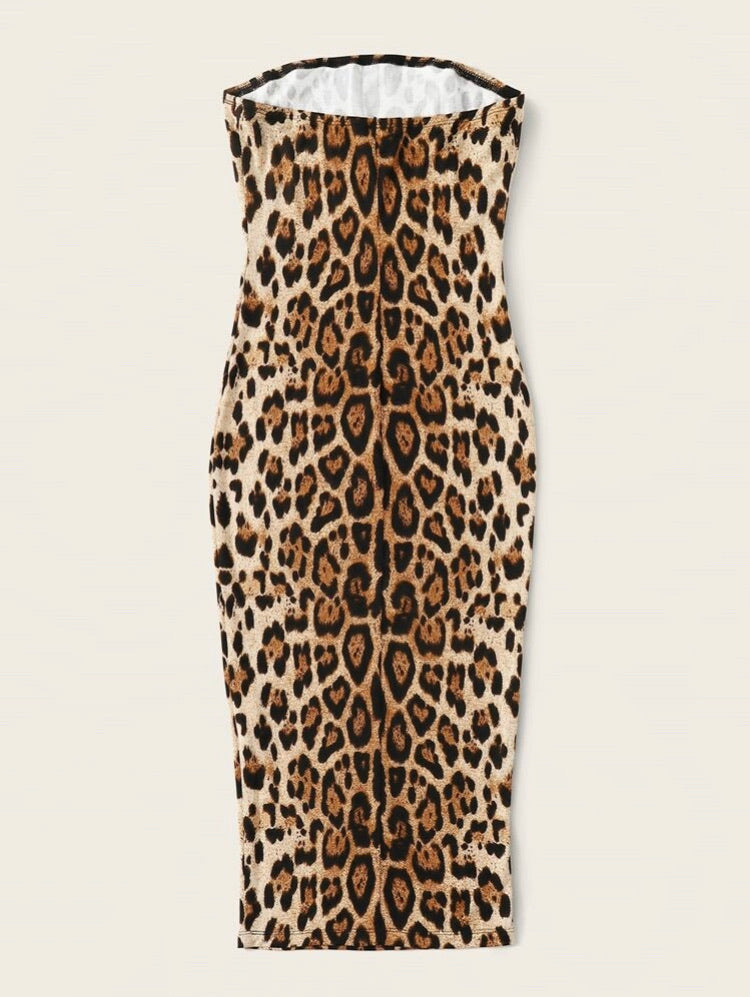 Leopard Print Tube Bodycon Midi Dress