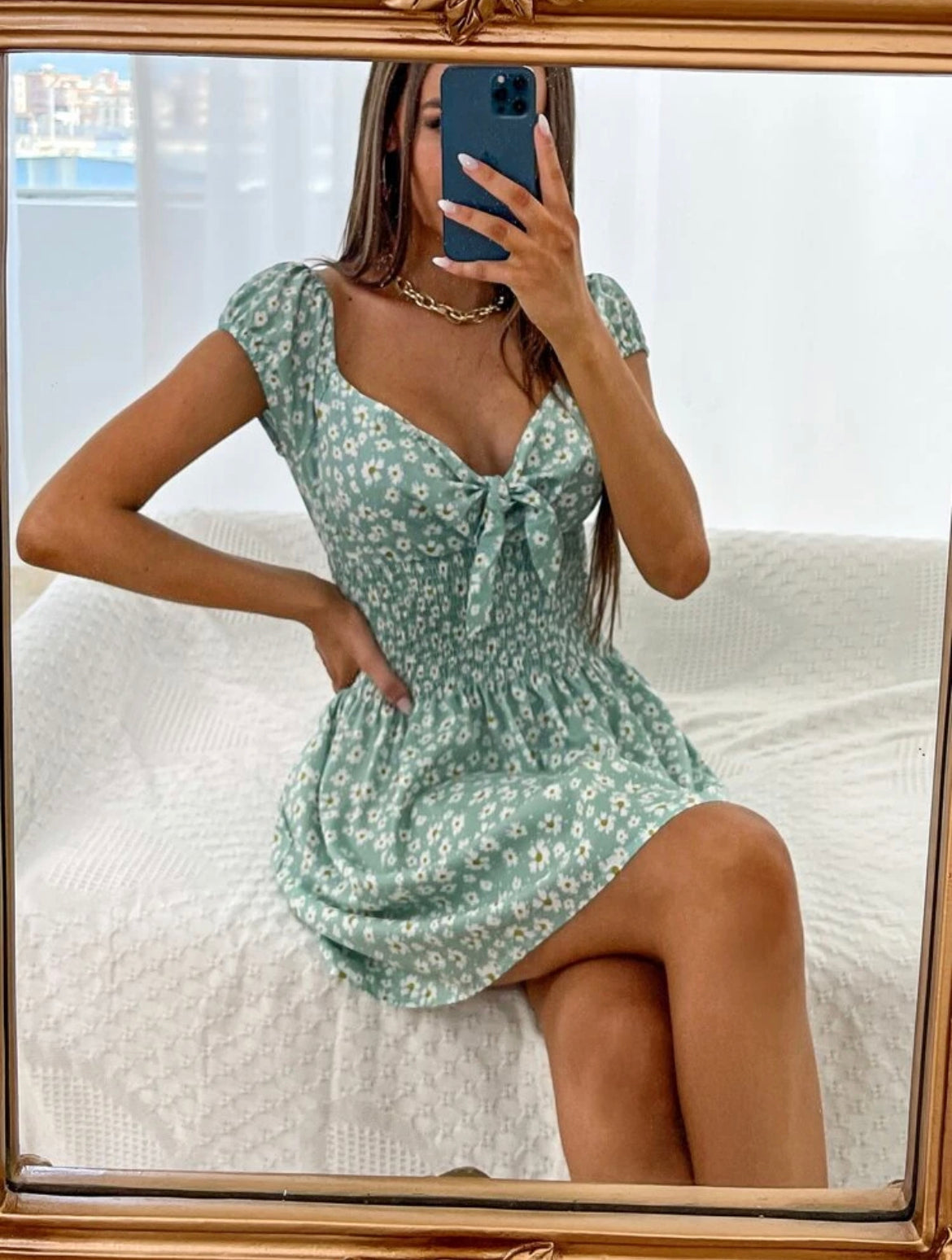 Sweetheart Neck Puff Sleeve Ditsy Floral Dress