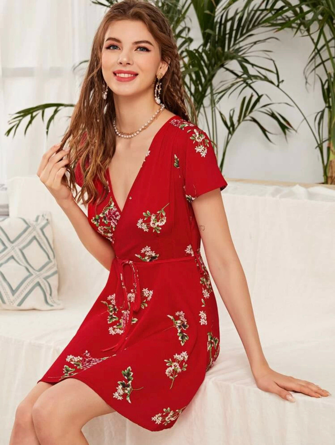 Surplice Neck Floral Print Belted Dress