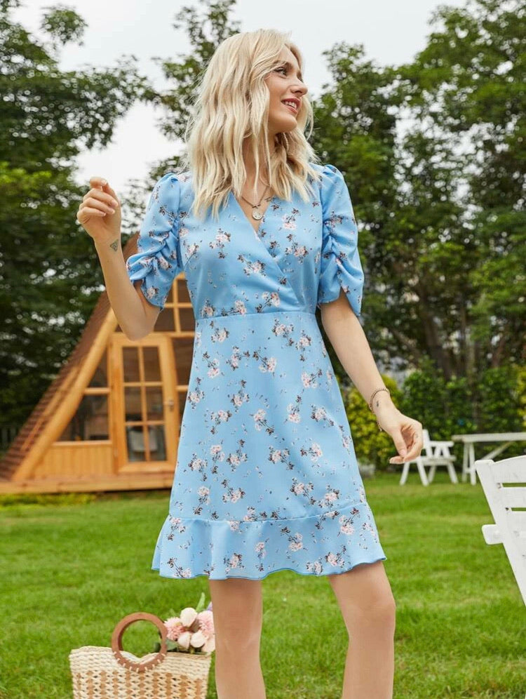 Surplice Neck Puff Sleeve Ruffle Hem Floral Dress