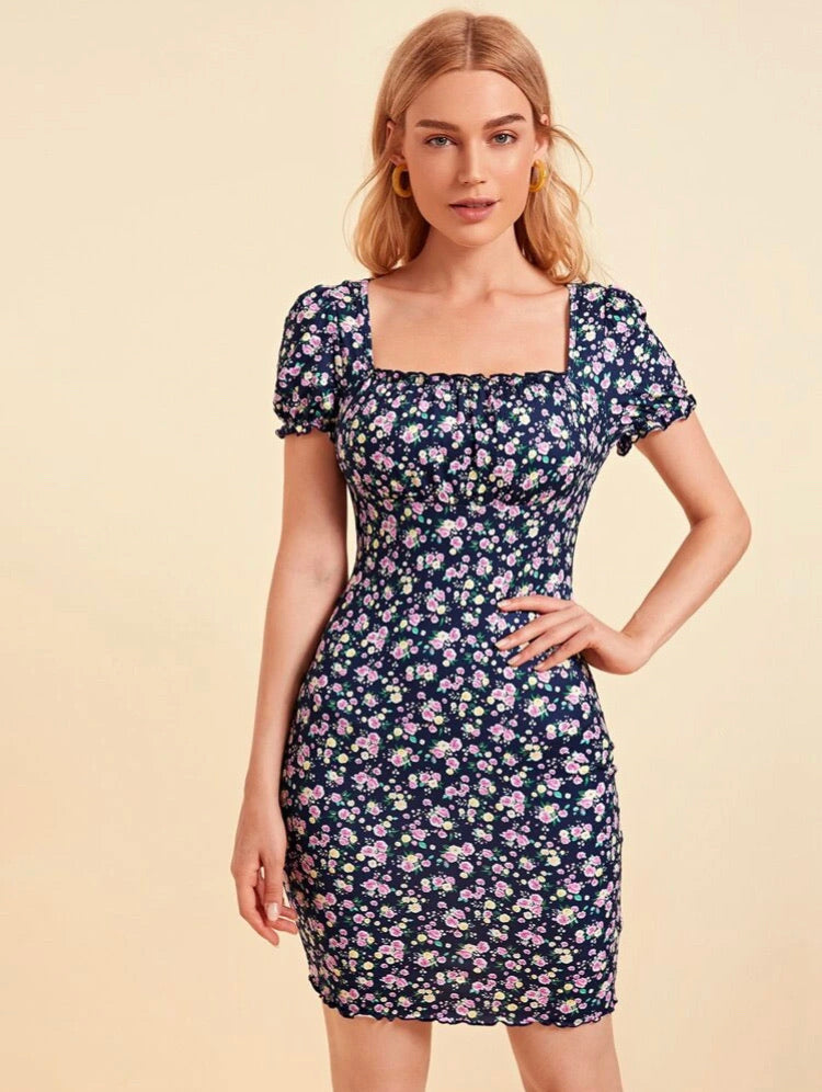 Floral Print Frill Trim Bodycon Dress