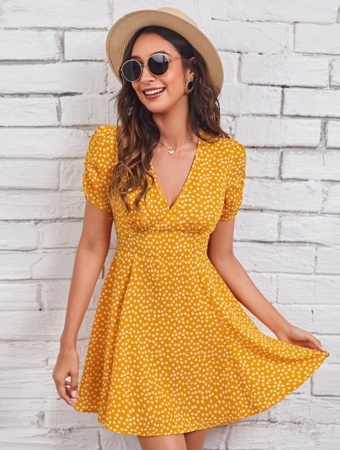 Gathered Sleeve Ruched Bust Ditsy Floral Dress