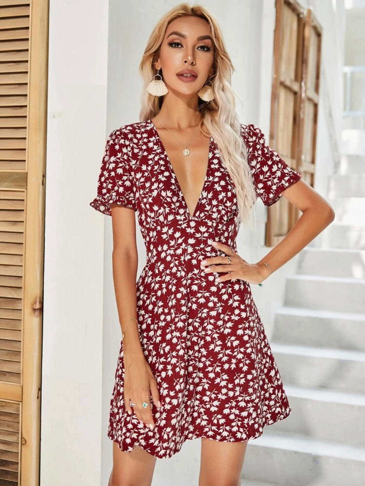 Allover Floral Print V-neck Flounce Sleeve Dress
