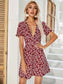 Allover Floral Print V-neck Flounce Sleeve Dress