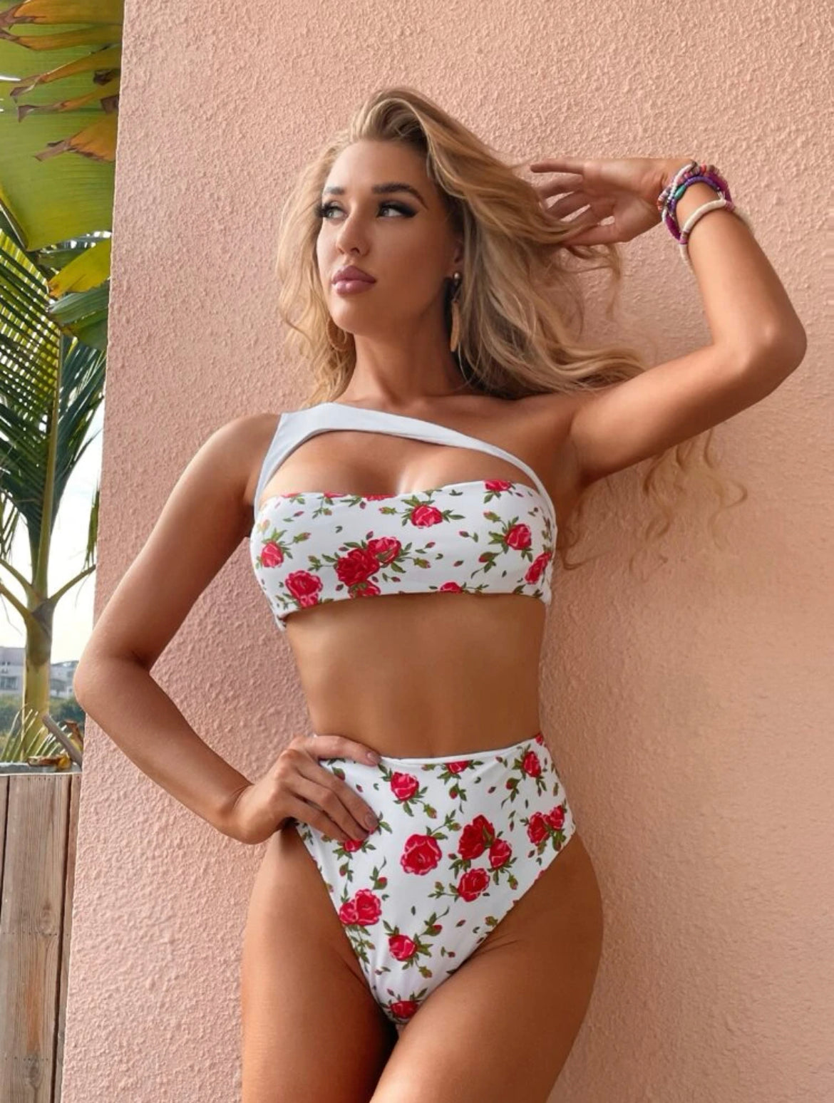 Floral Cut-out One Shoulder Bikini Swimsuit
