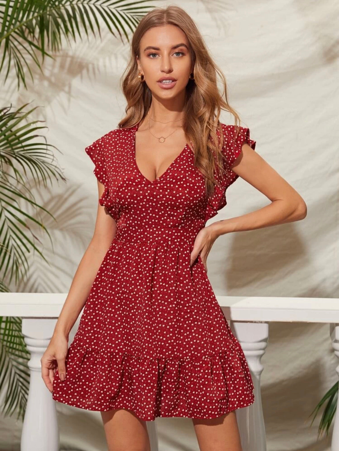 Heart Confetti Polka Dot Plunging Neck Dress