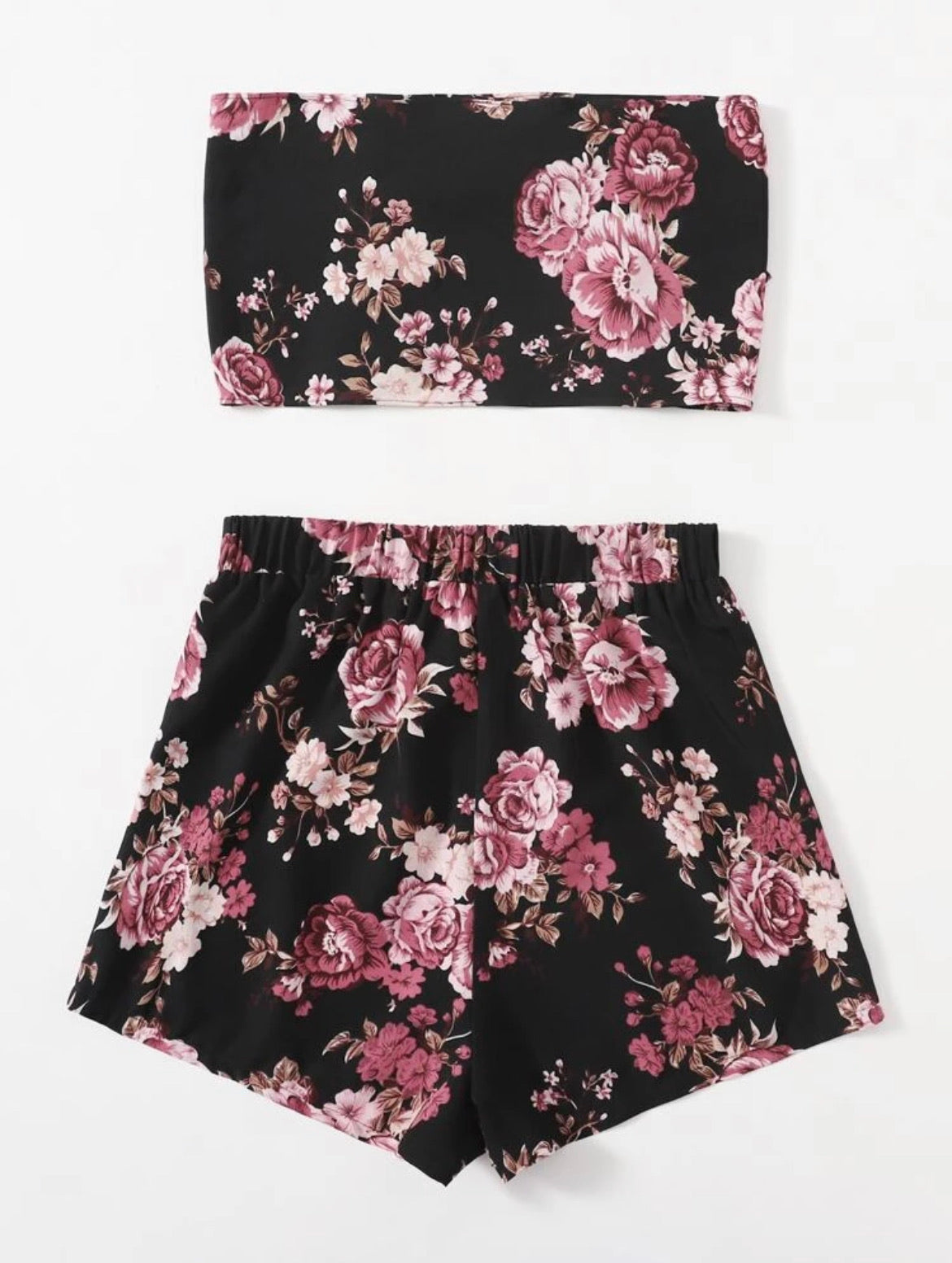 Tie Front Floral Print Tube Top & Shorts Set