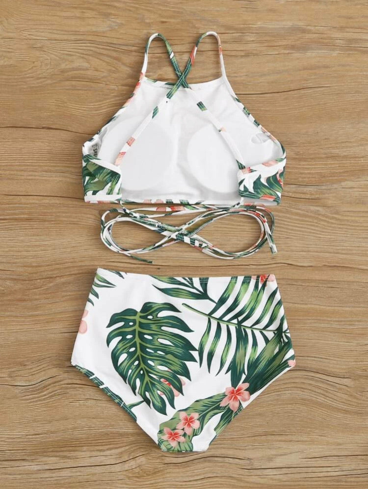 Random Tropical Crisscross High Waisted Bikini Swimsuit