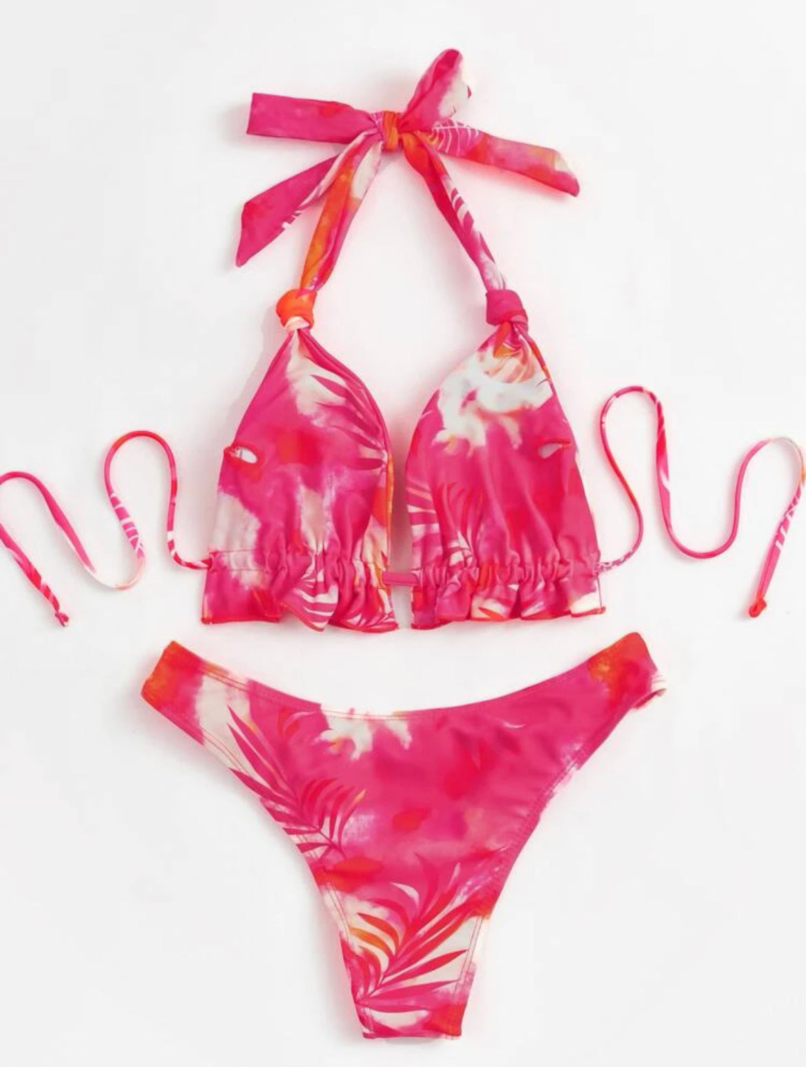 Tie Dye & Leaf Print Knot Thong Bikini Swimsuit