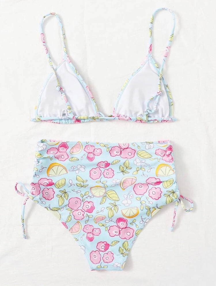 Floral Drawstring High Waist Bikini Swimsuit