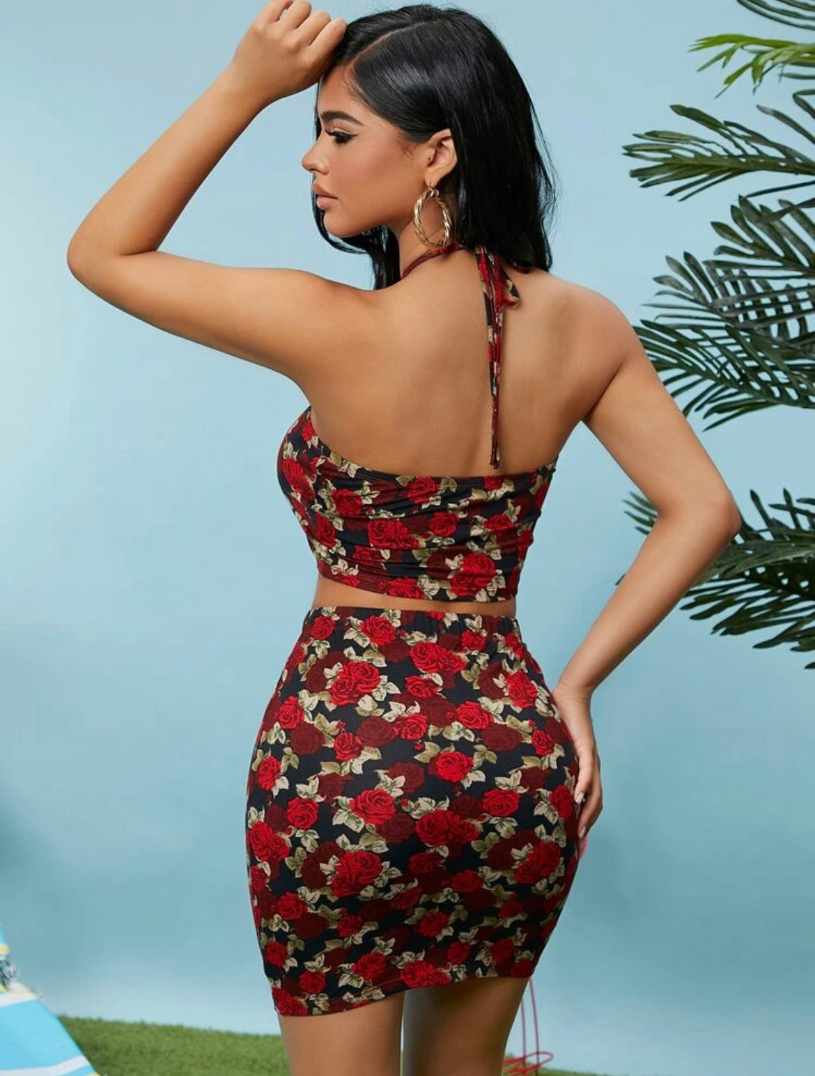 SXY Halterneck Tie Back Floral Crop Top & Bodycon Skirt Set