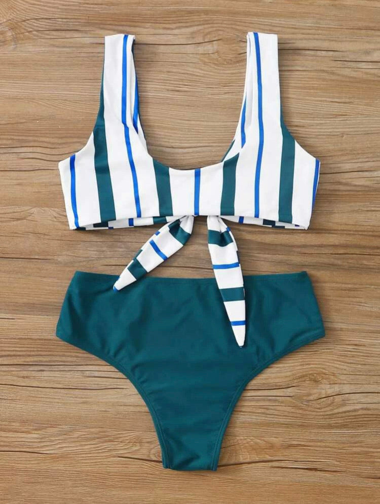 Striped Knot Front High Waisted Bikini Swimsuit