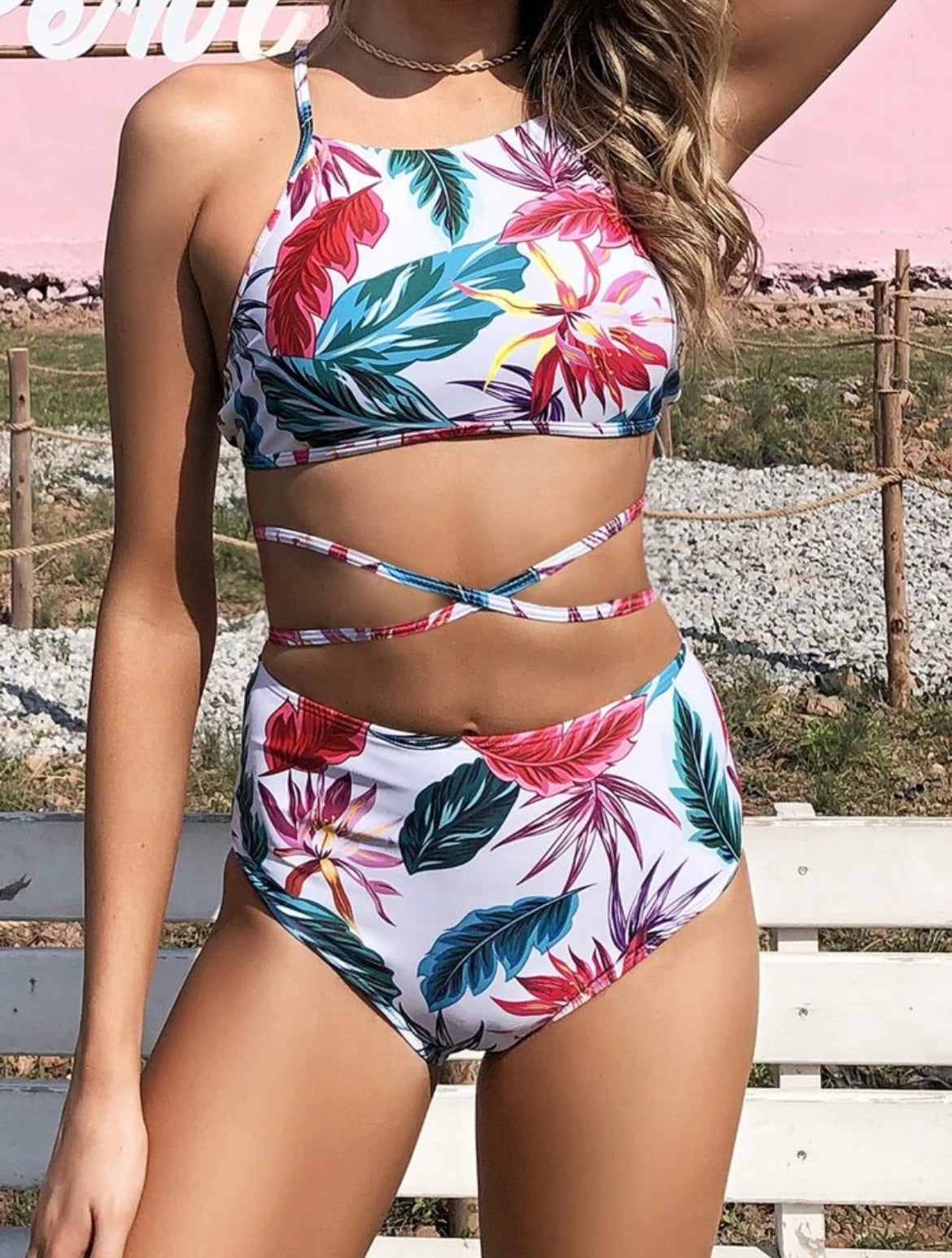 Floral & Tropical Crisscross Bikini Swimsuit
