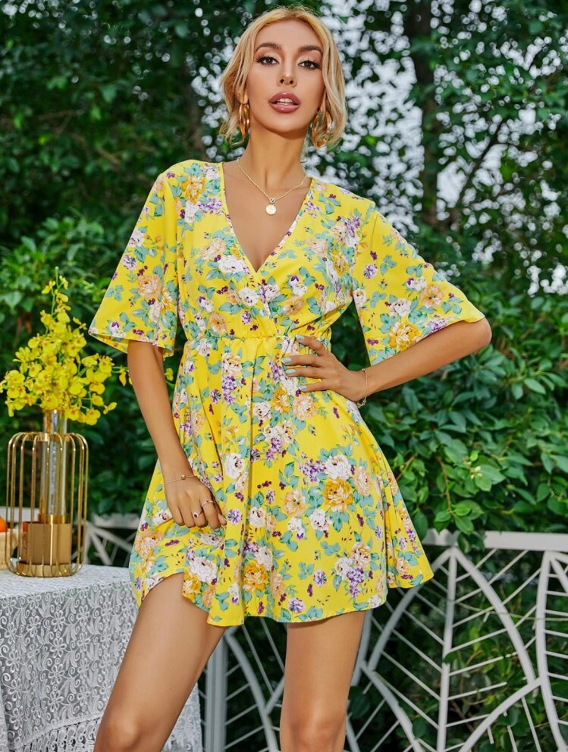 Flounce Sleeve Surplice Neck Floral Dress