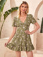 Allover Floral Print Surplice Neck Ruffle Hem Dress