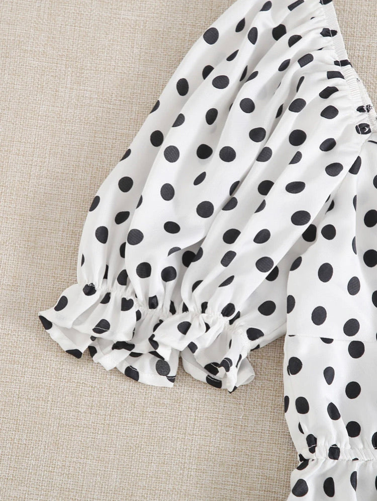 Puff Sleeve Knot Detail Polka Dot Peplum Top