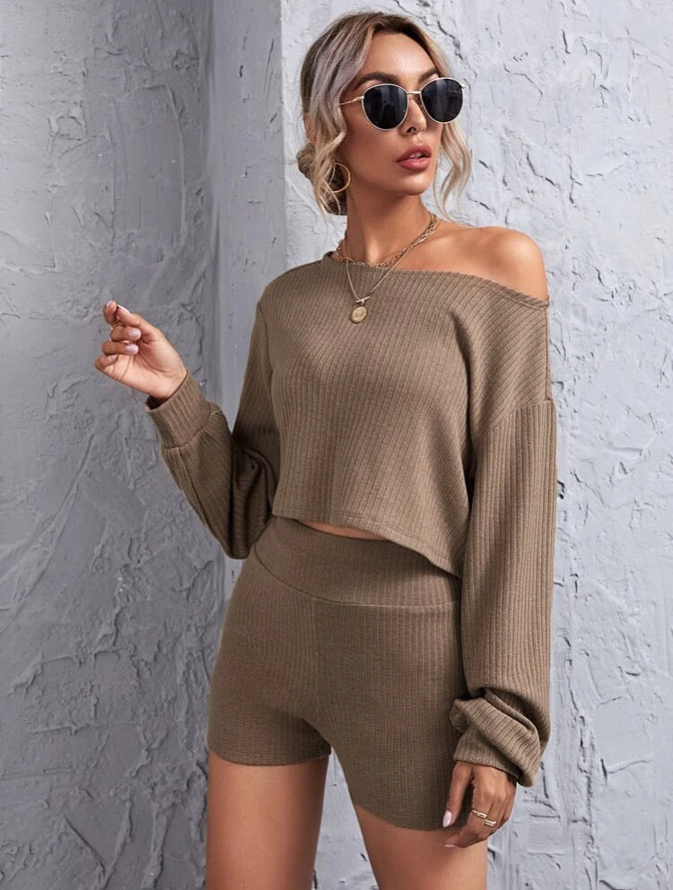 Drop Shoulder Rib-knit Crop Top & Wide Waistband Shorts Set