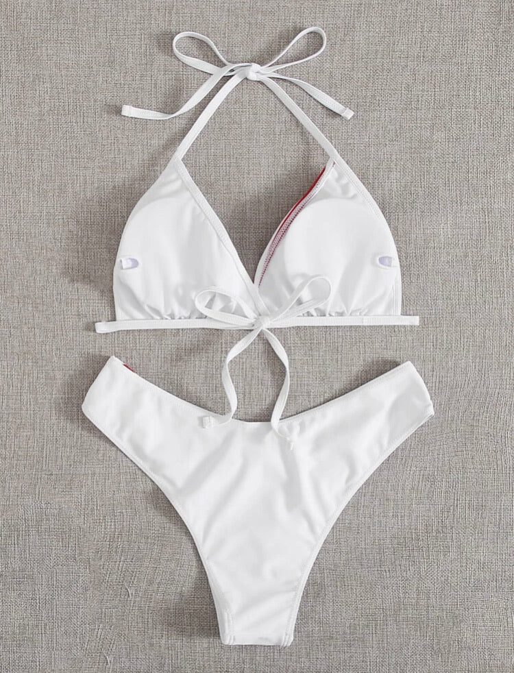 Stripe Spliced High Leg Bikini Swimsuit