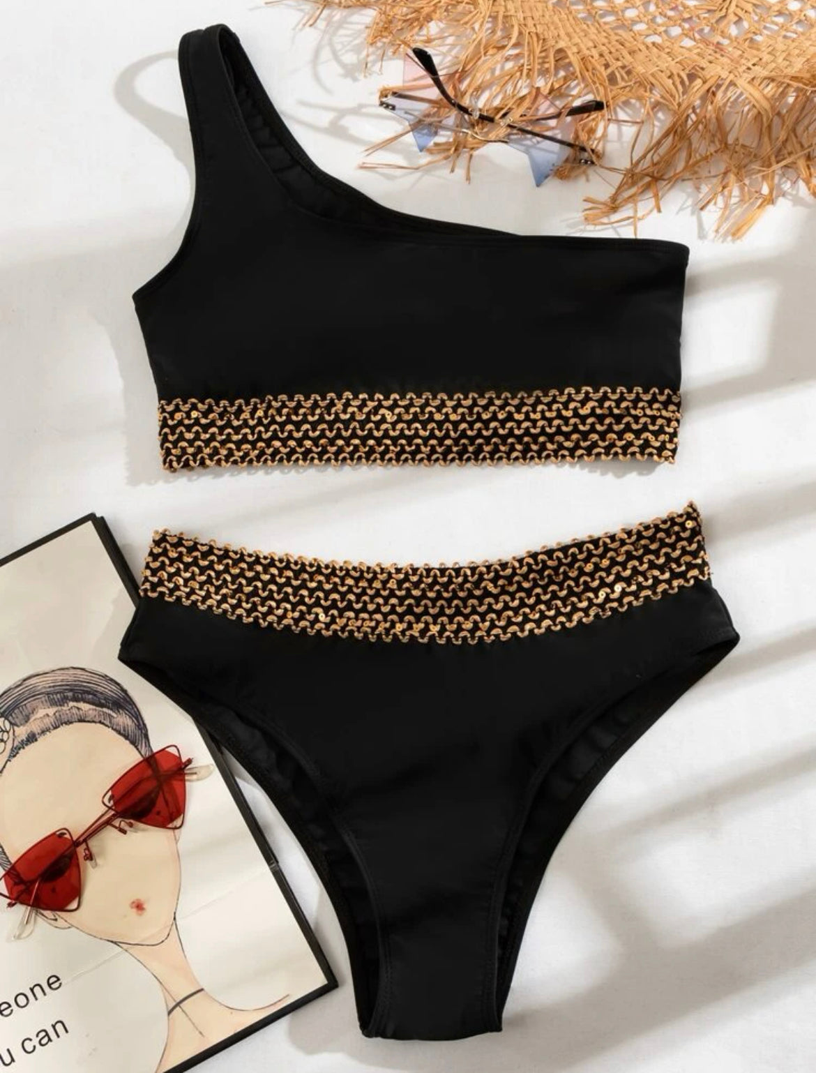 Contrast Trim One Shoulder Bikini Swimsuit