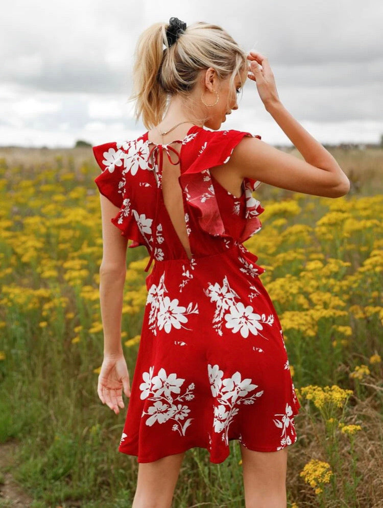 Plunging Neck Tie Back Ruffle Trim Floral Dress