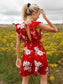 Plunging Neck Tie Back Ruffle Trim Floral Dress