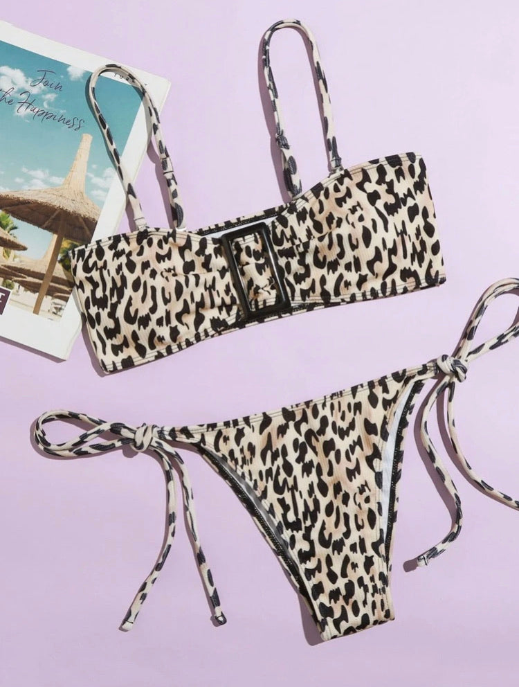 Leopard Buckle Tie Side Bikini Swimsuit