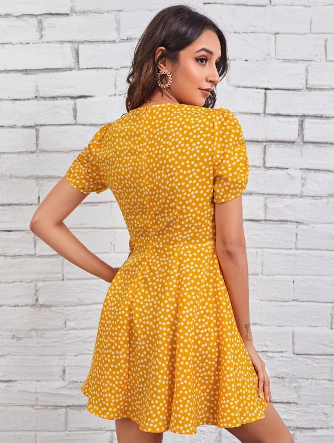Gathered Sleeve Ruched Bust Ditsy Floral Dress