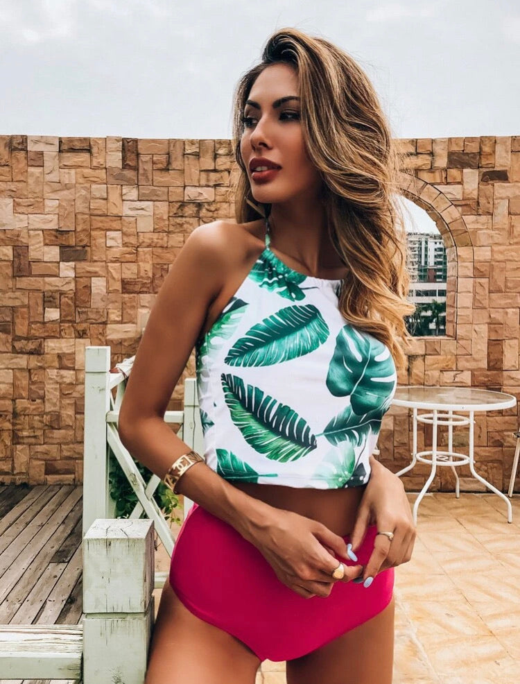 Tropical Halter High Waisted Bikini Swimsuit