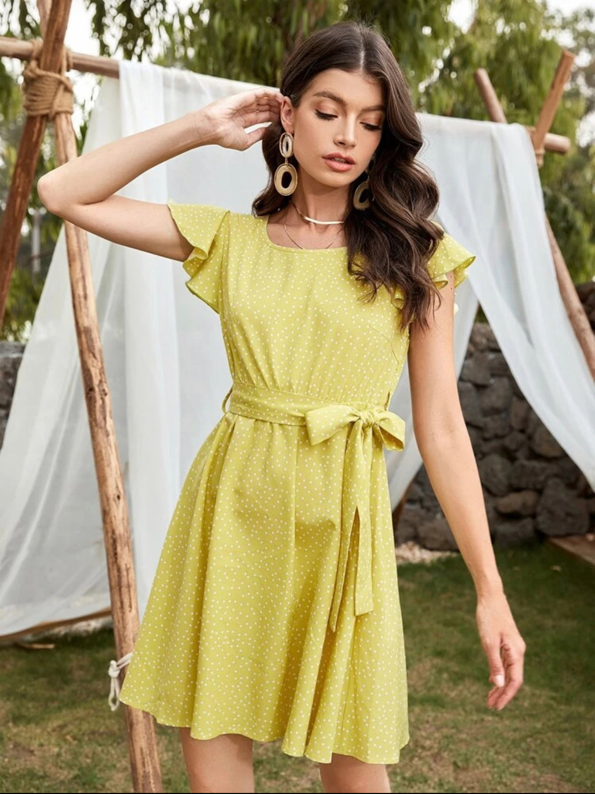 Ruffle Armhole Belted Polka-dot Print Dress