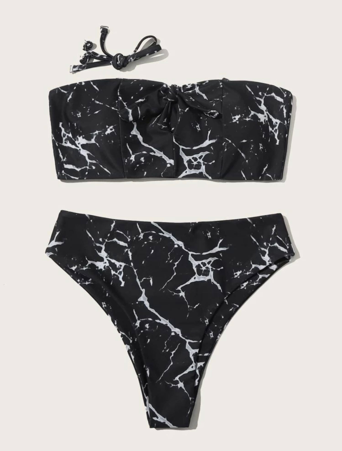 Marble Print Knot Front Bandeau Bikini Swimsuit