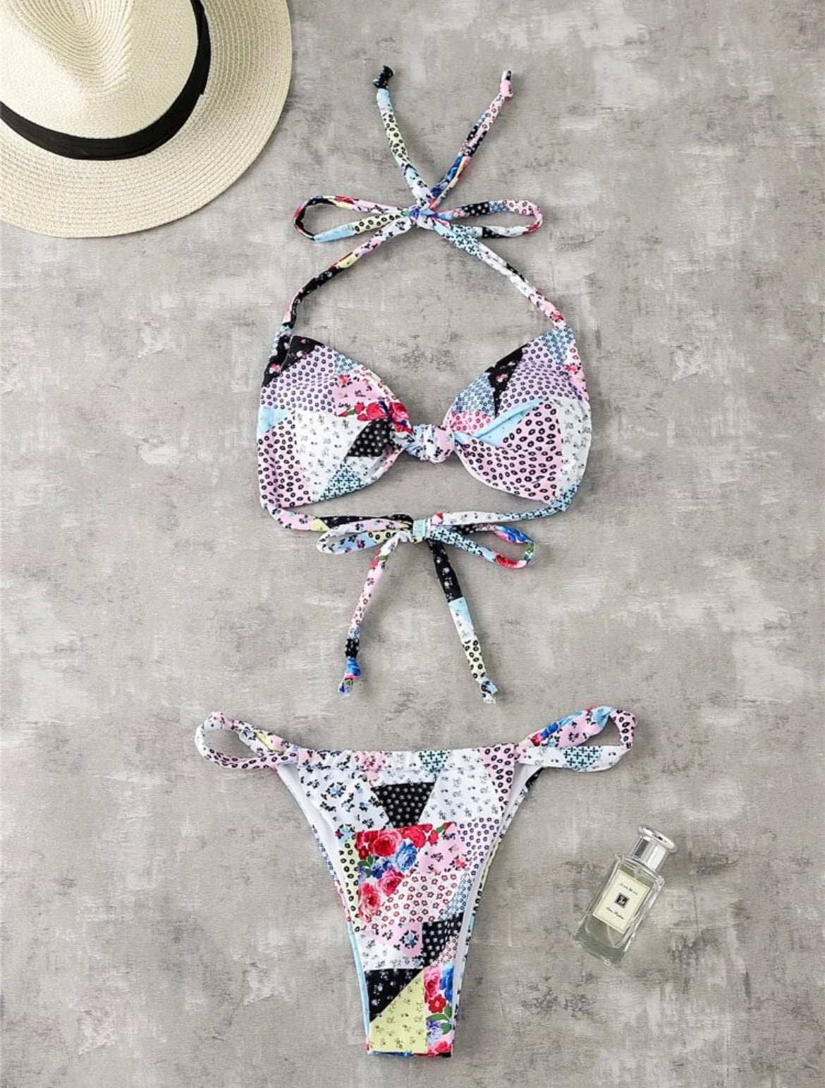 Allover Graphic Thong Bikini Swimsuit