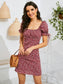 Ditsy Floral Print Square Neck Knot Cuff Dress
