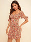 Knotted Cuff Floral Print Fitted Dress
