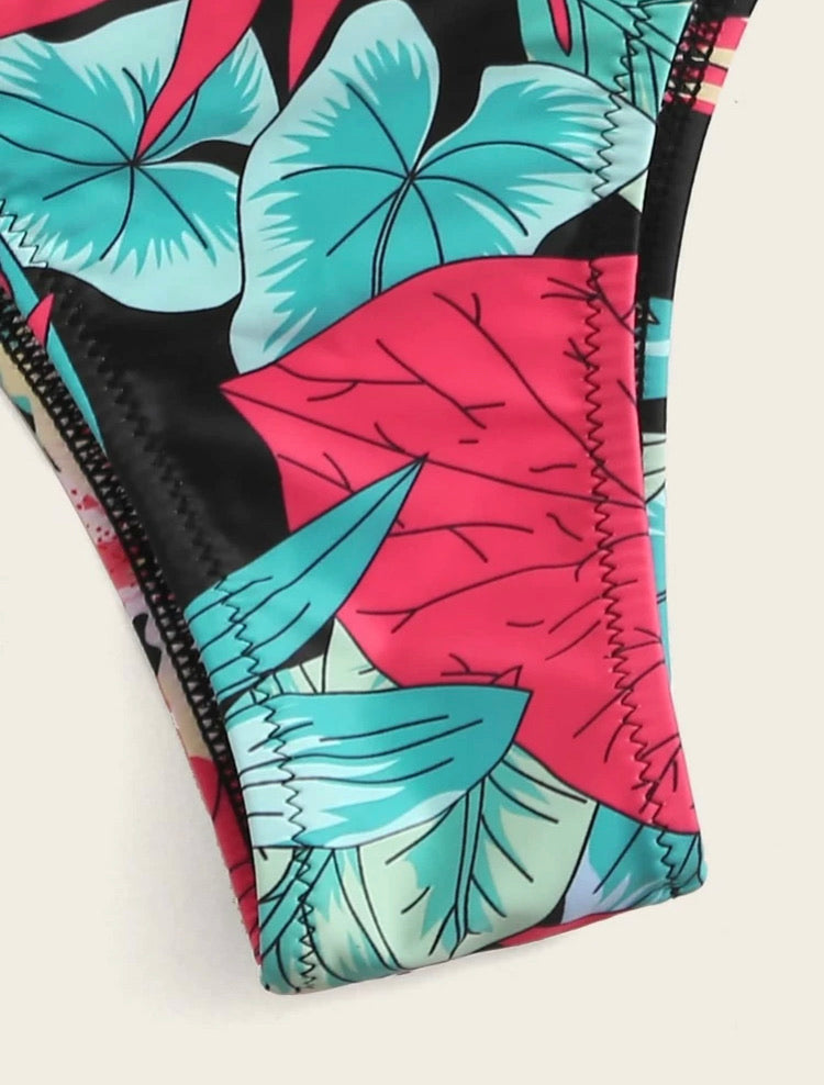 Plant Random Print High Waisted Bikini Swimsuit