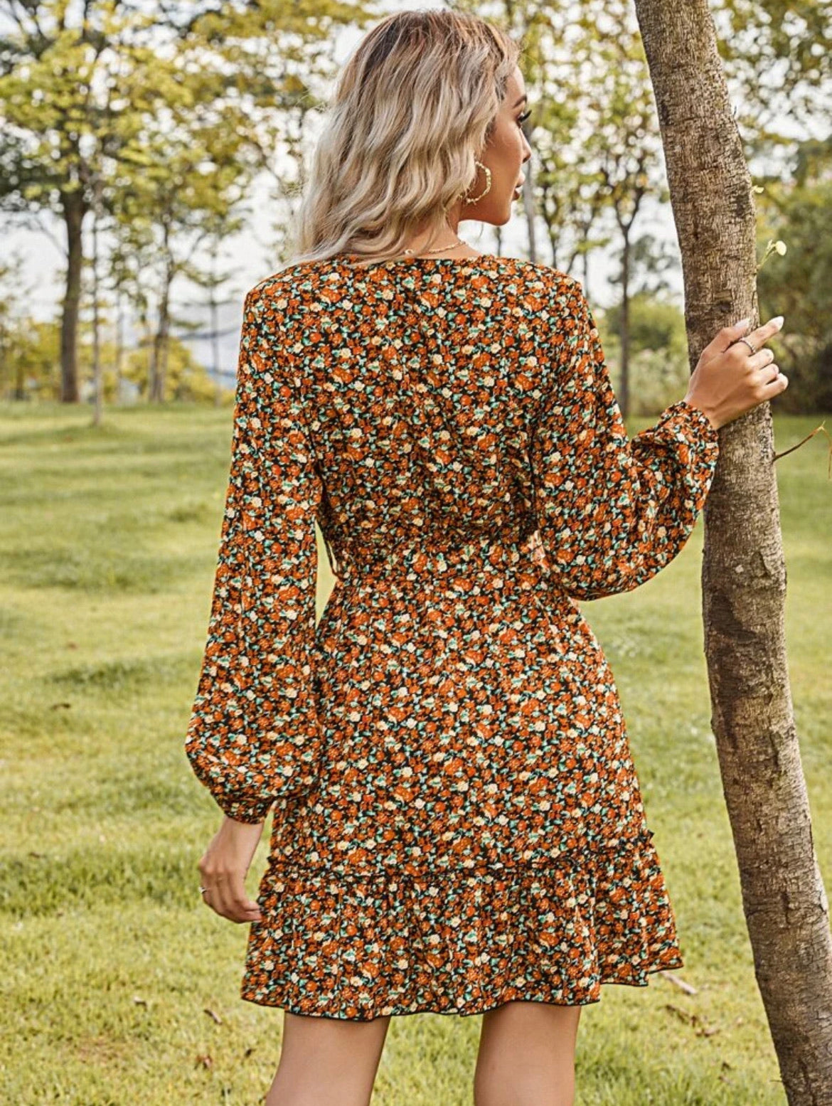 Allover Floral Print Ruffle Hem Belted Dress