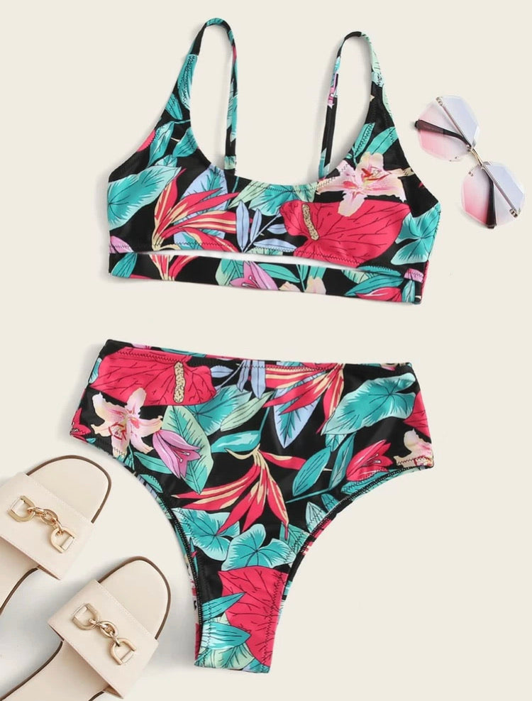 Plant Random Print High Waisted Bikini Swimsuit