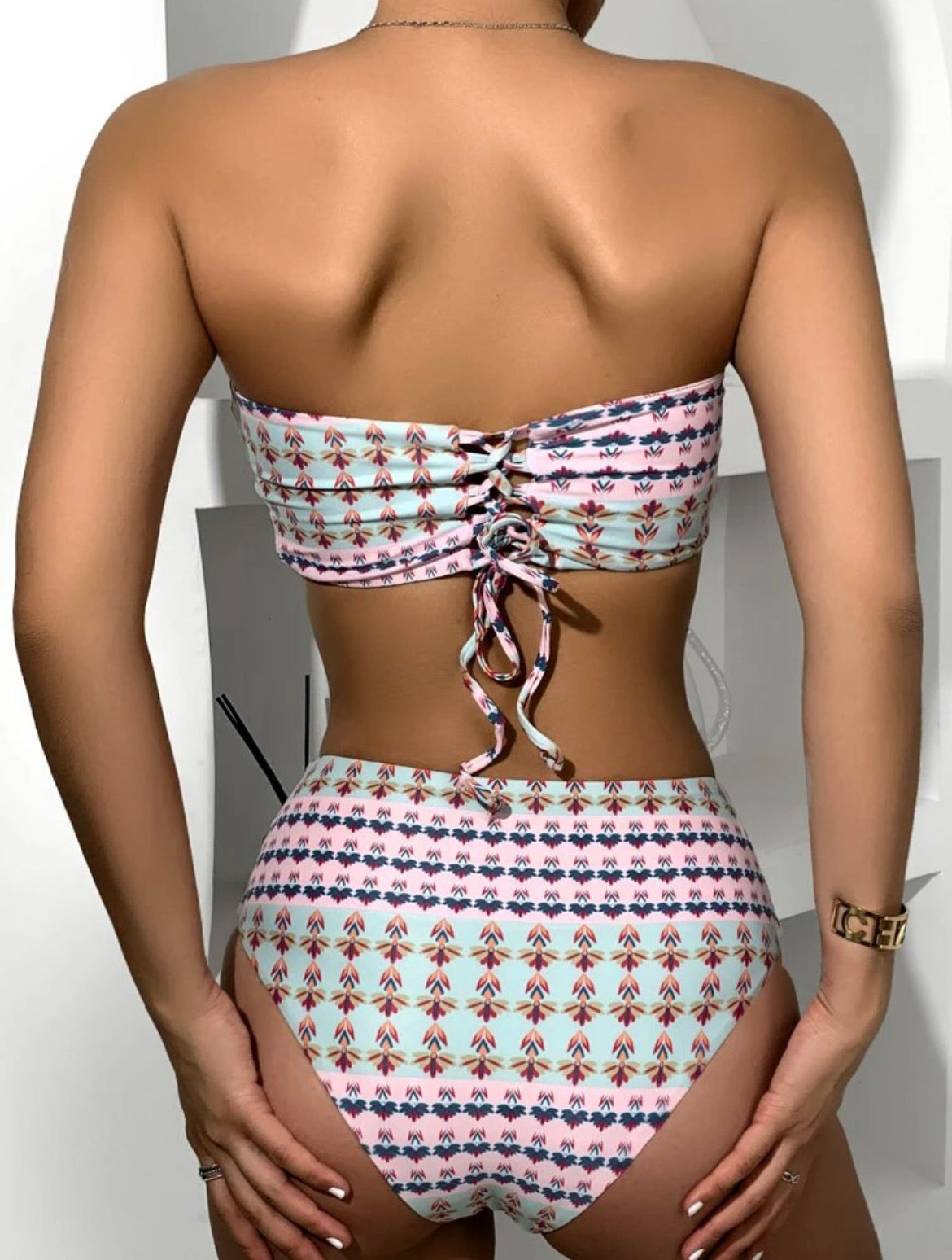Tribal Lace-up Bandeau High Waisted Bikini Swimsuit