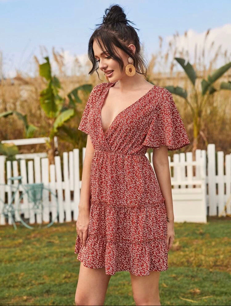 Plunging Neck Frill Trim Ditsy Floral Dress