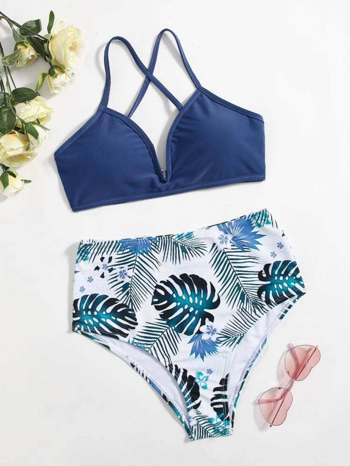 Tropical Print Criss Cross Bikini Swimsuit
