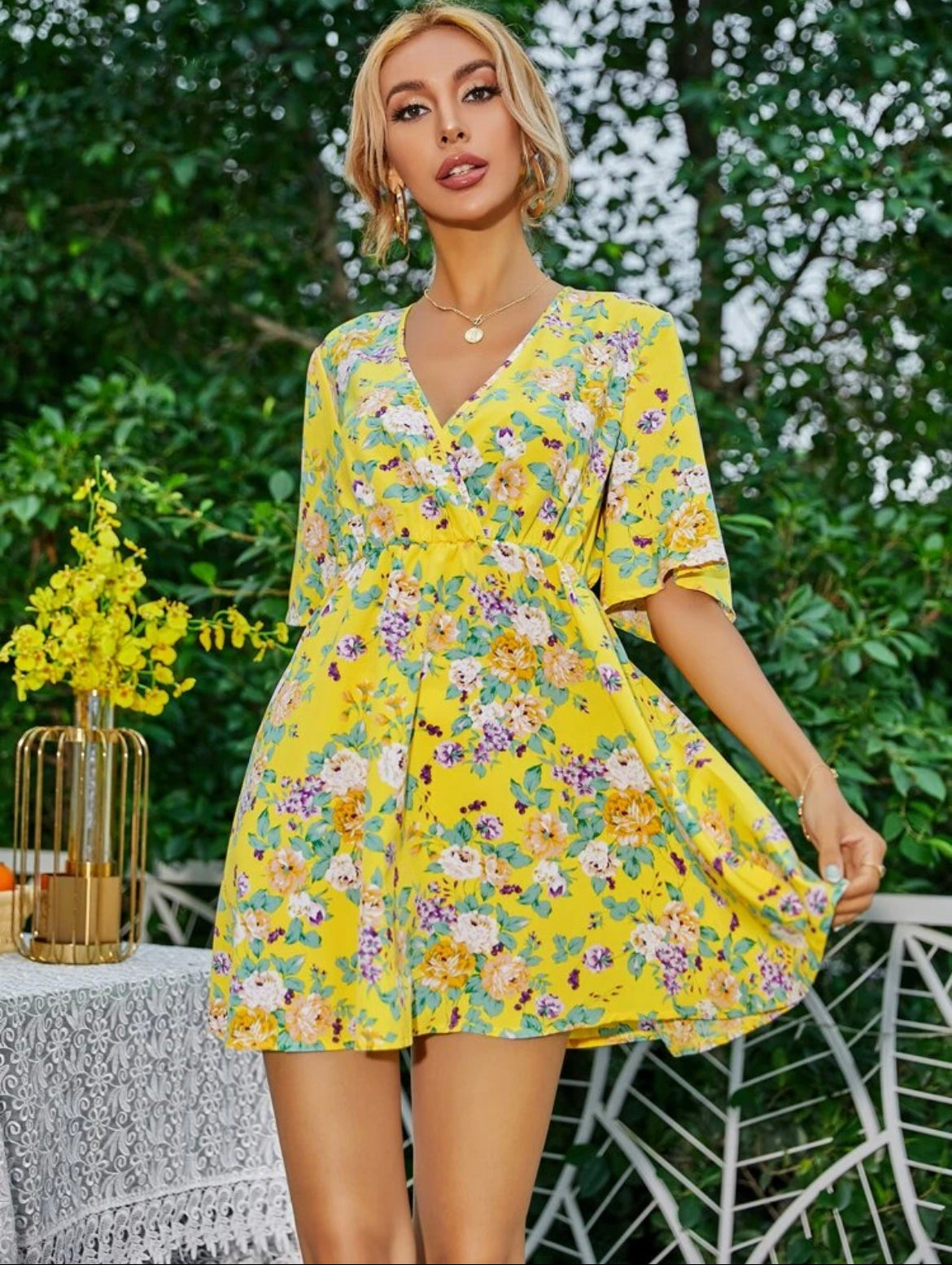 Flounce Sleeve Surplice Neck Floral Dress
