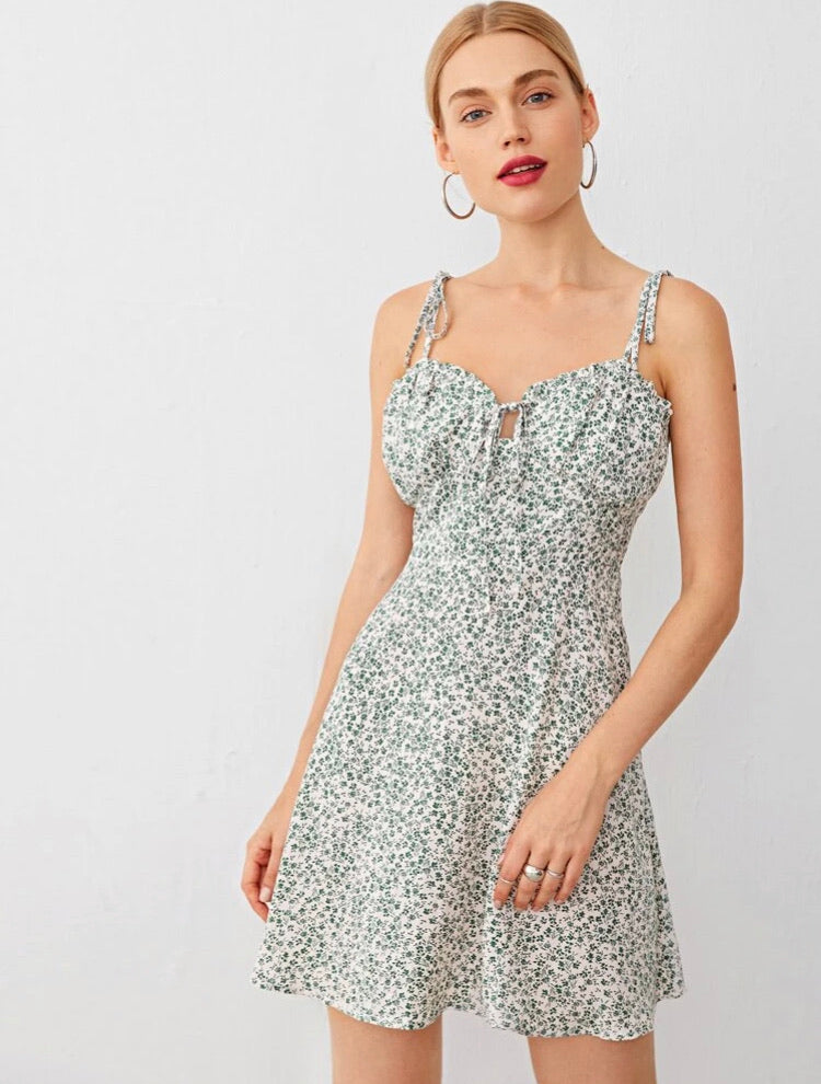 Tied Shoulder Ruched Bust Ditsy Floral Cami Dress
