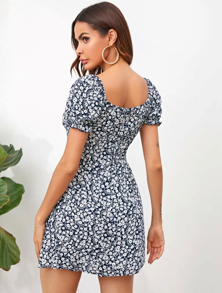 Tie Front Ruffle Cuff Ditsy Floral Dress