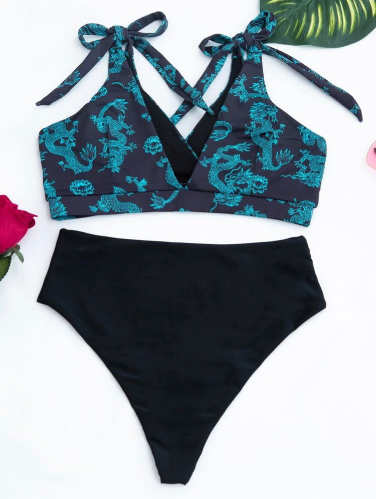 Dragon Print Tie Shoulder Bikini Swimsuit