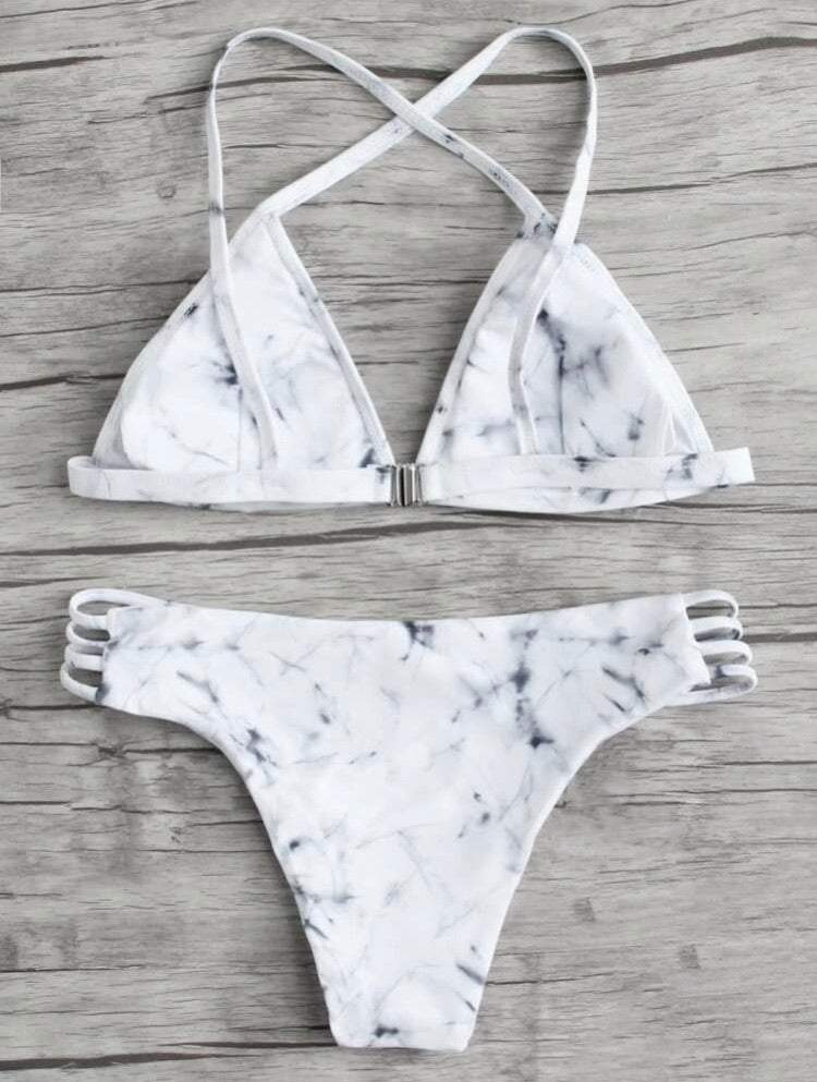 Marble Criss Cross Top With Ladder Cut Out Bikini