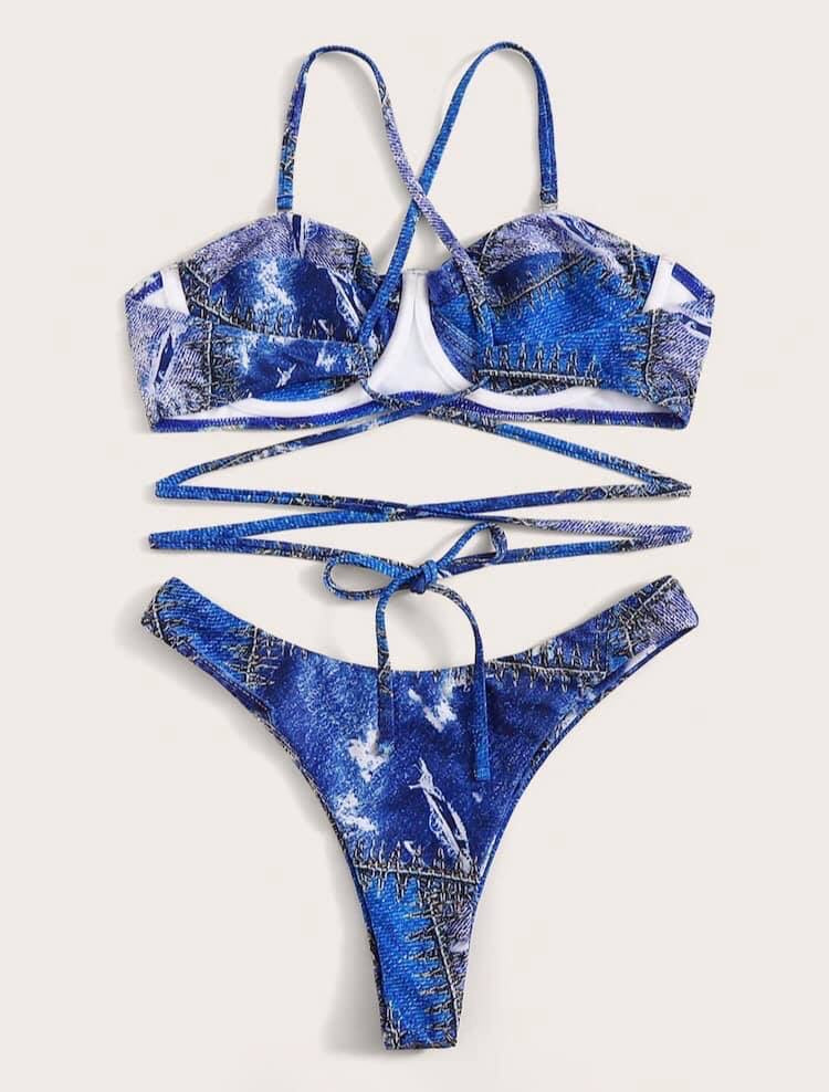Criss Cross Denim Top With High Cut Bikini Set