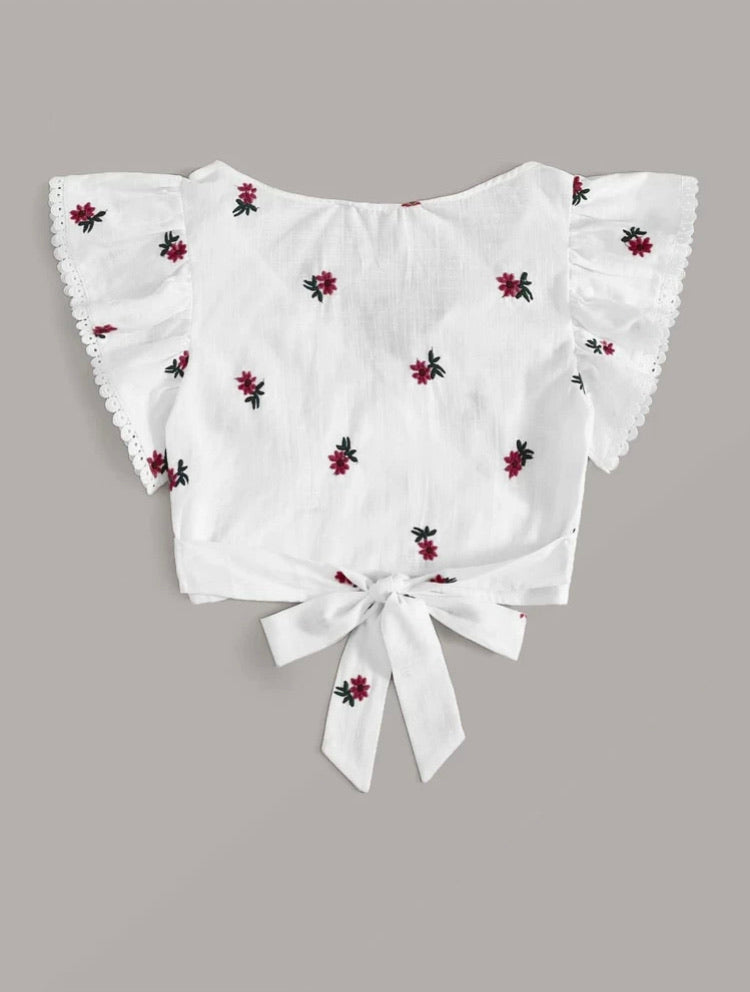 Lace Trim Floral Embroidery Wrap Tie Back Top