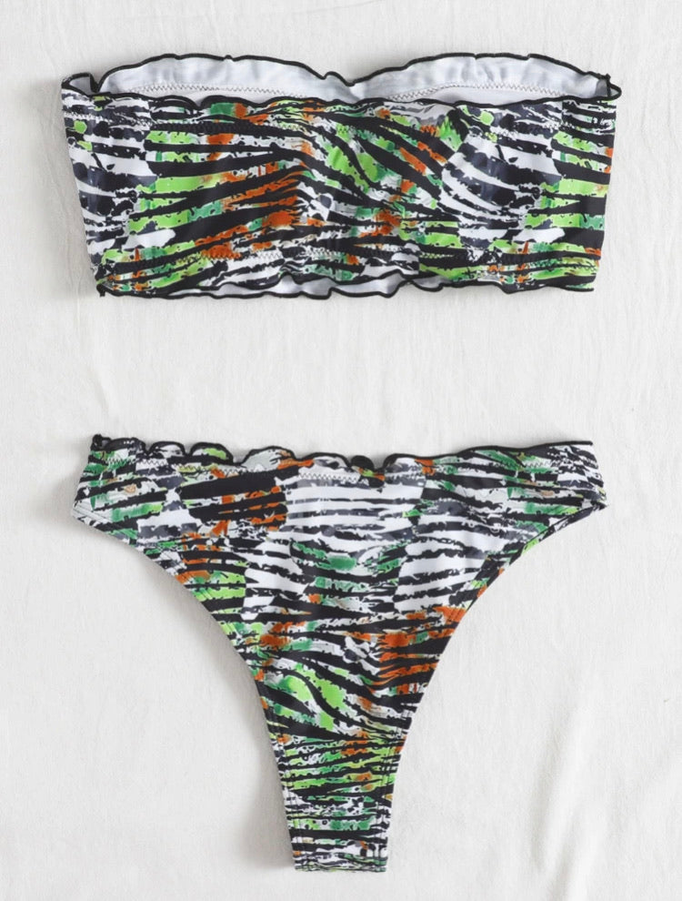 Allover Graphic Bandeau Bikini Swimsuit