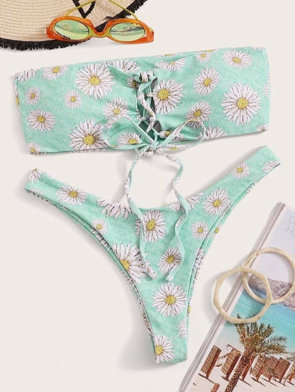 Daisy Print Lace-up Bandeau Top With High Cut Bikini