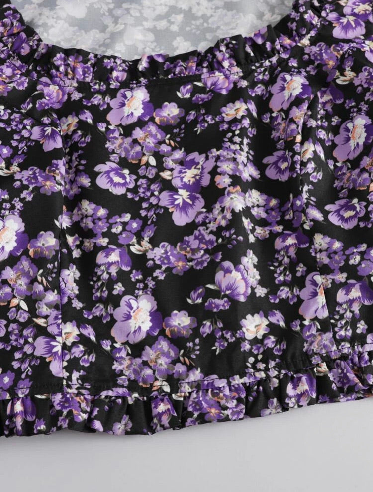 Frill Trim Puff Sleeve Floral Crop Top