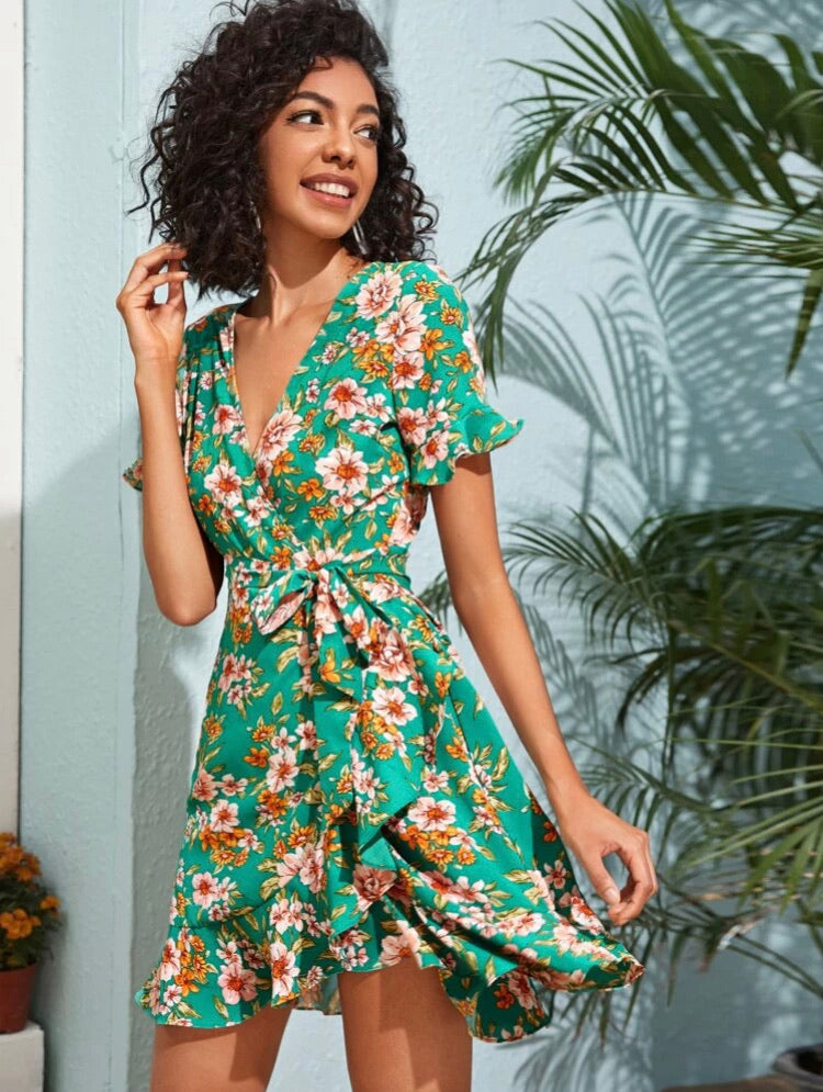 Ruffle Trim Wrap Belted Floral Dress